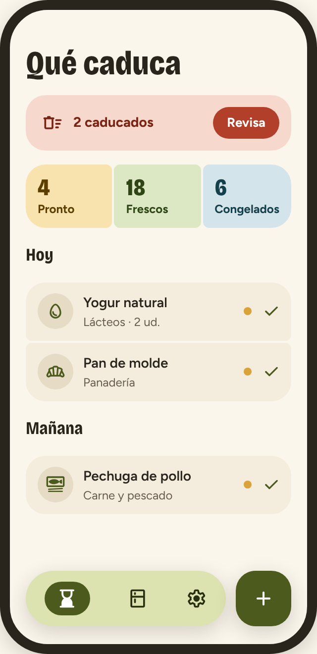 Pantalla de inicio de Caducity: qué caduca hoy y mañana